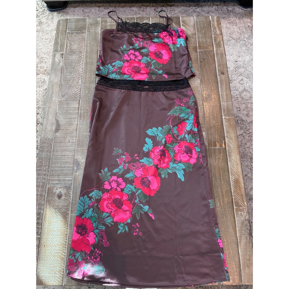 Free People Midnight Garden 2-Piece Set Satin Floral Cami Midi Skirt Brown M NEW - Picture 3 of 12